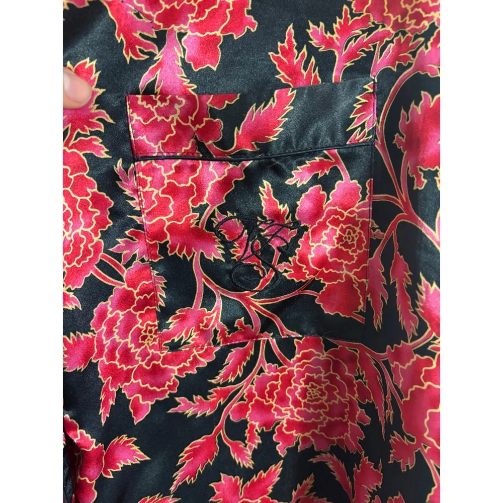 VTG Gold Label Victoria's Secret Black Red Floral Satin Button Up Robe Size L-XL